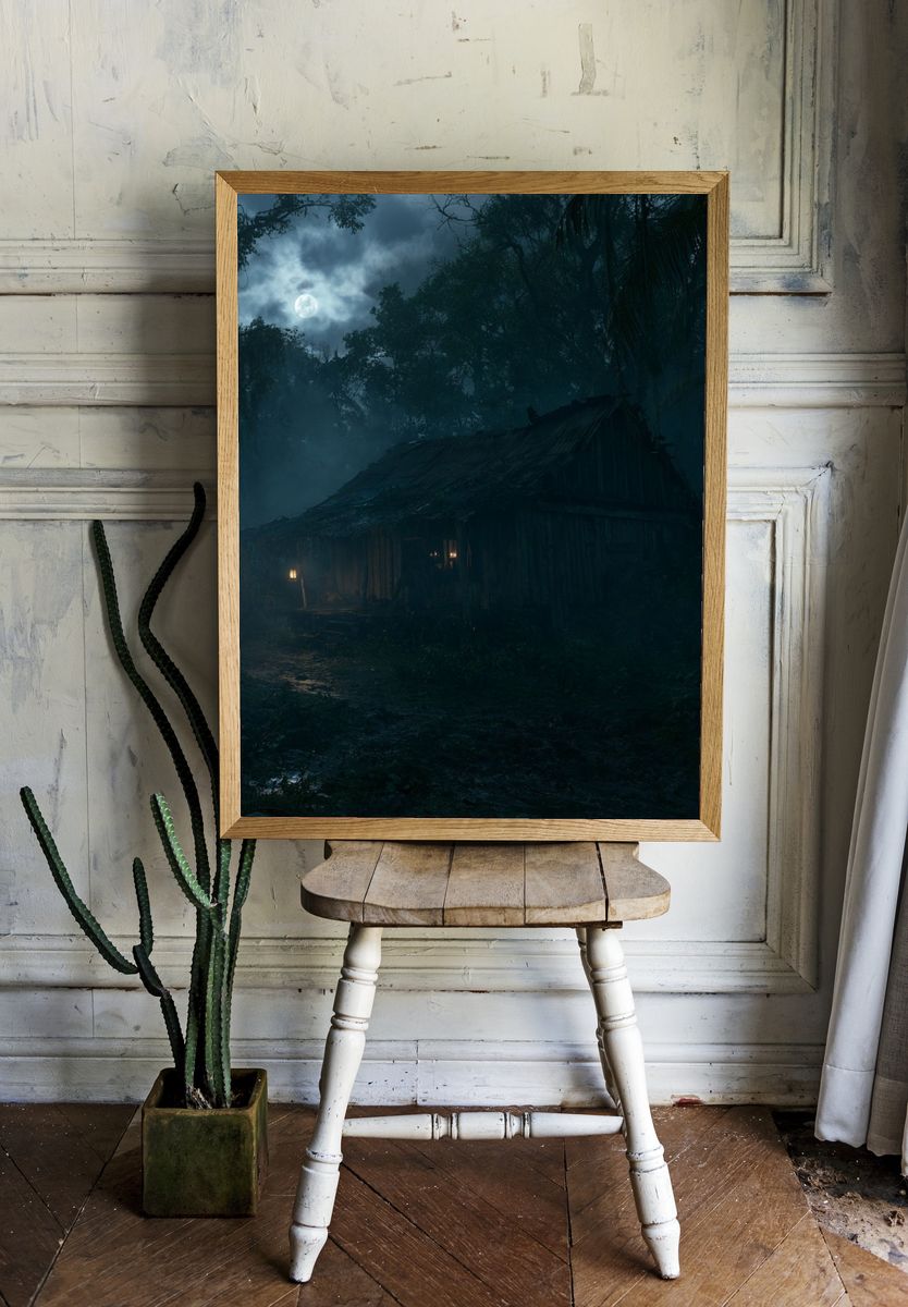 Moonlit Jungle Cabin Poster. room preview