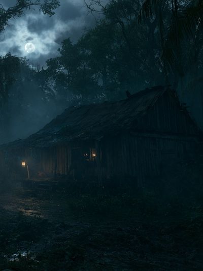 Moonlit Jungle Cabin Poster. poster print