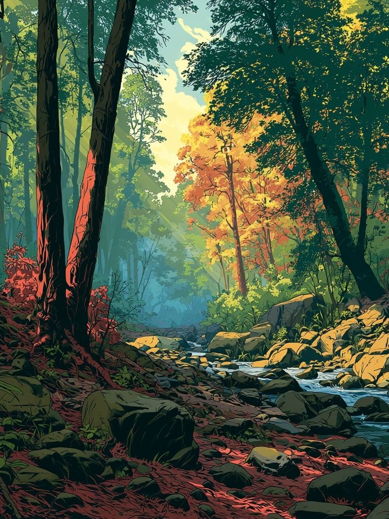 Sunlit Forest Stream Illustration Poster. poster — nature art