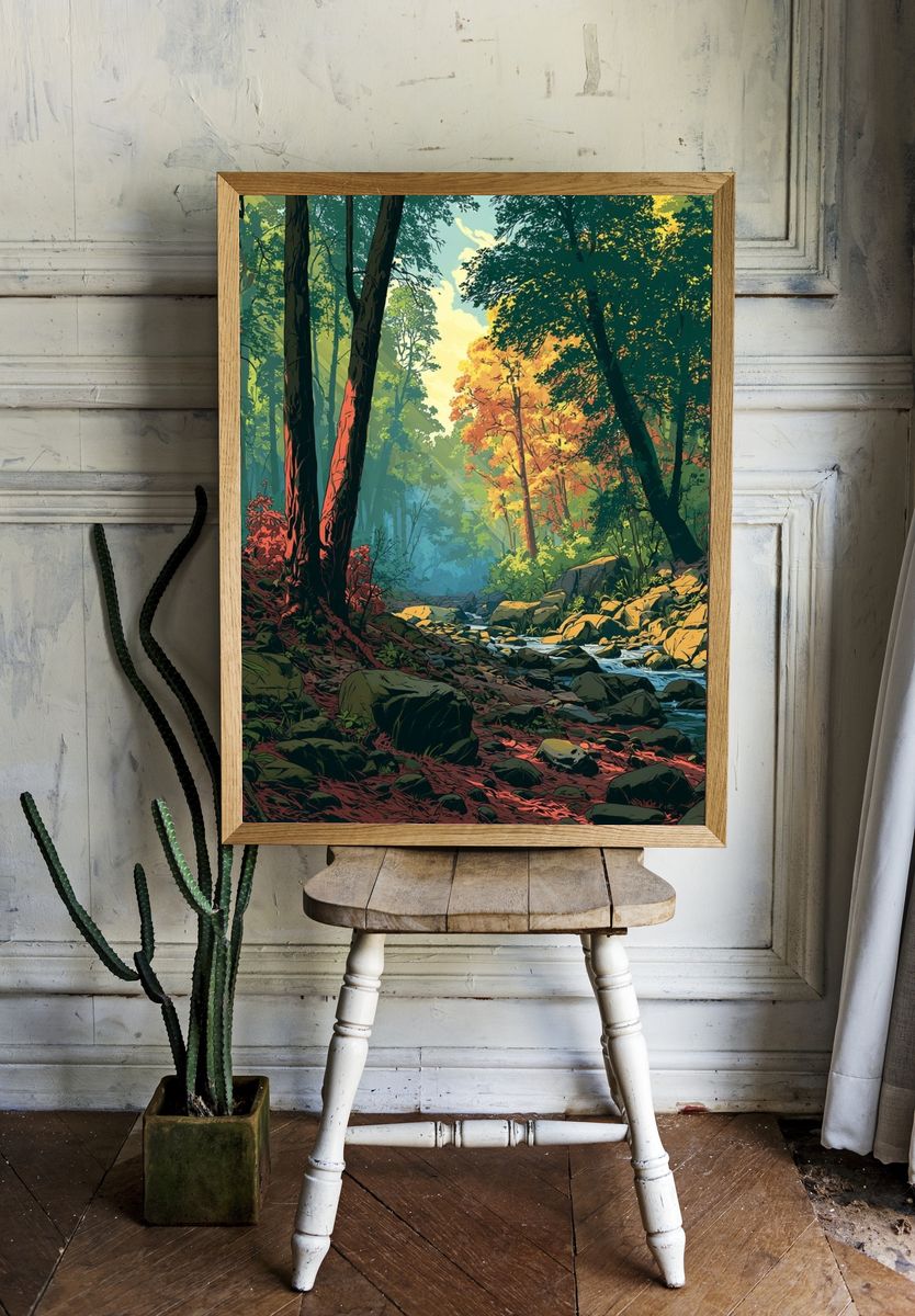 Sunlit Forest Stream Illustration Poster. — room view 1