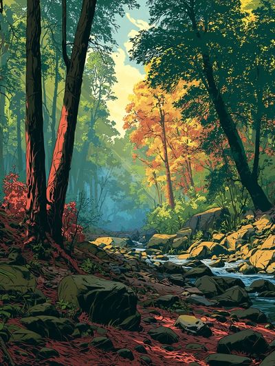 Sunlit Forest Stream Illustration Poster. poster