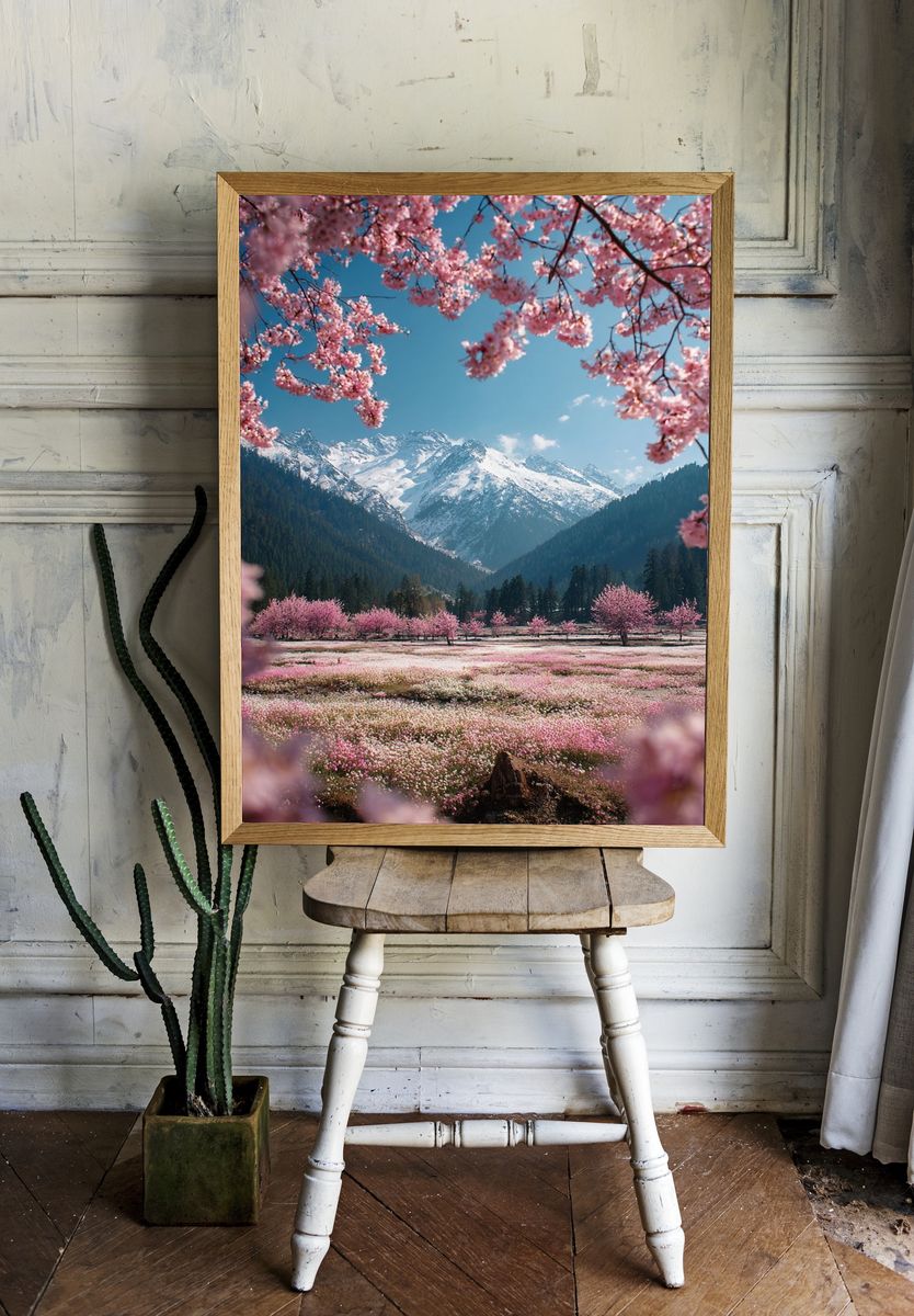 Cherry Blossom Mountain Landscape Poster. — room view 1