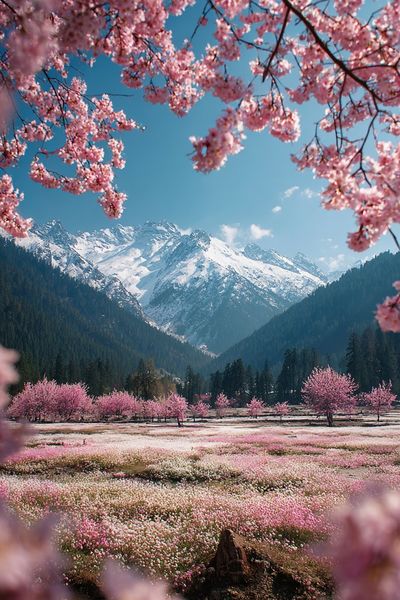 Cherry Blossom Mountain Landscape Poster.