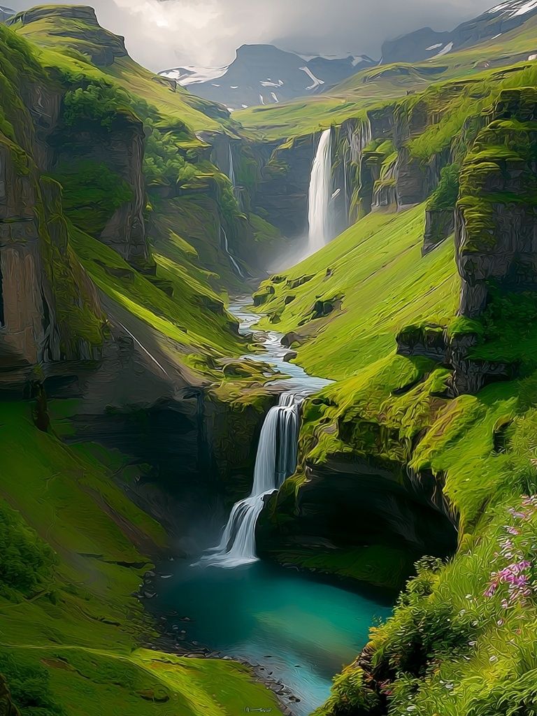 Misty Waterfall Valley Nature Print. poster detail