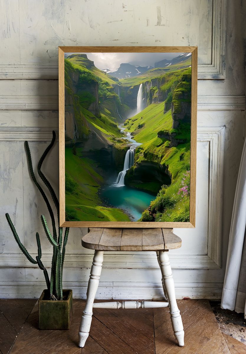 Misty Waterfall Valley Nature Print. — room view 1