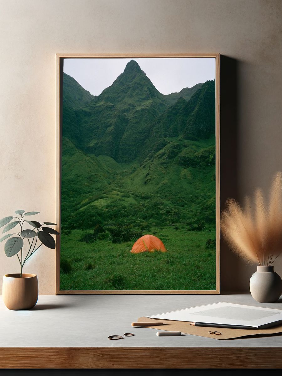 Misty Green Mountain Camp Poster. — room view 2