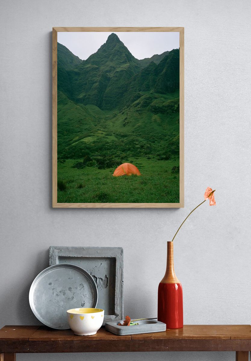 Misty Green Mountain Camp Poster. — room view 3