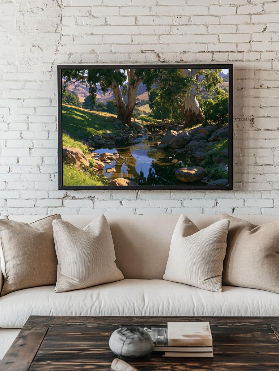 Sunlit Creek Valley Nature Print. — room view 1