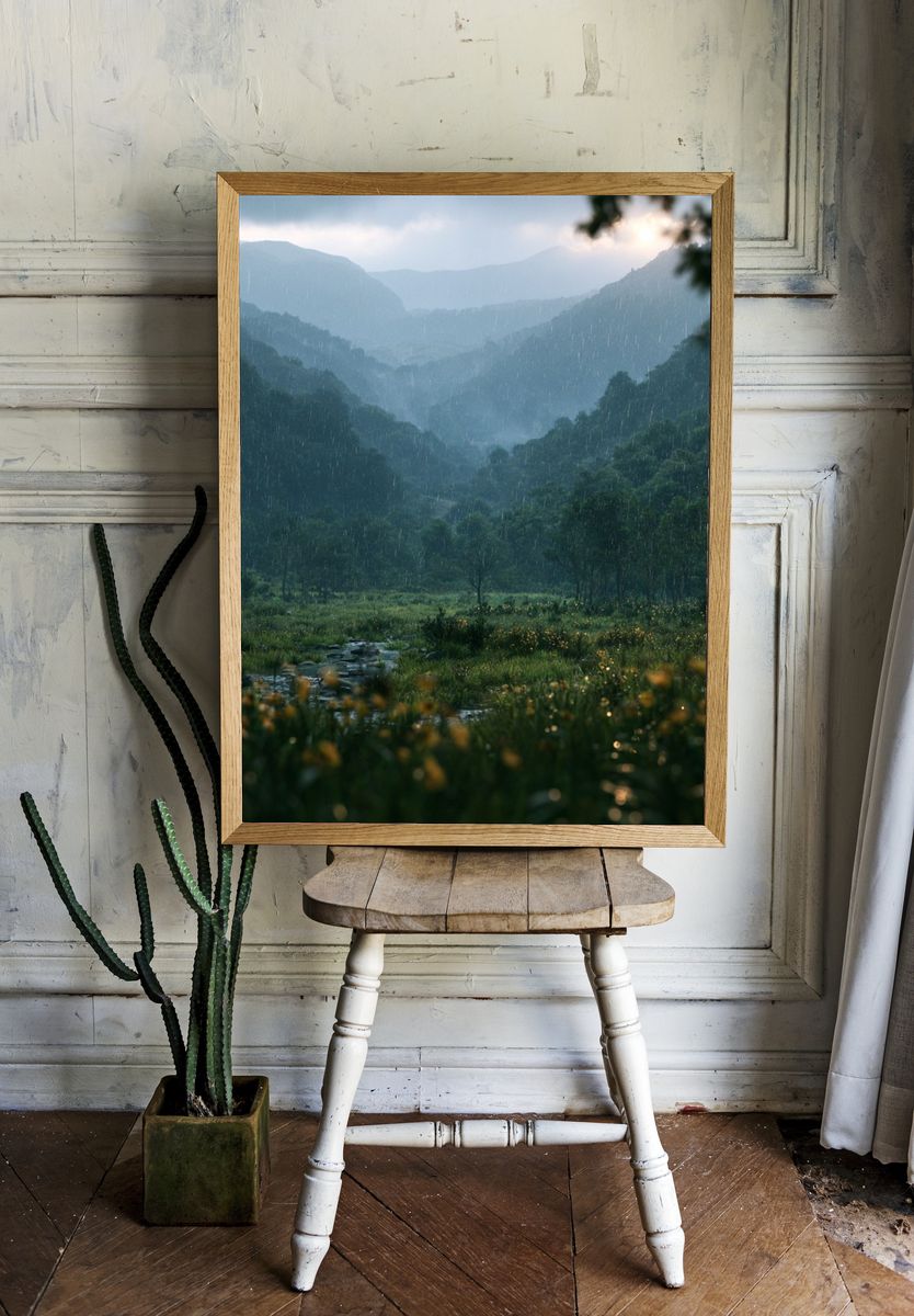 Rainy Mountain Valley Landscape Poster. — room view 1