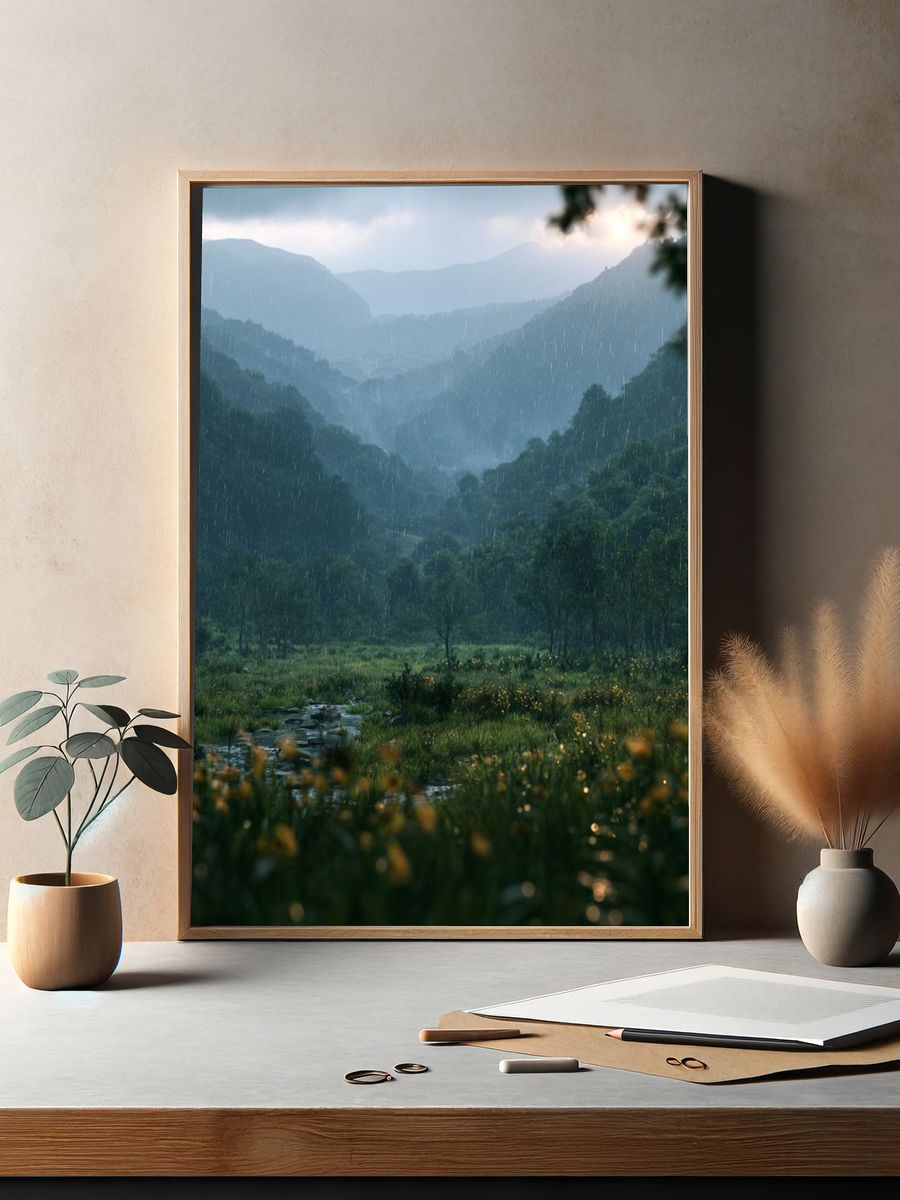 Rainy Mountain Valley Landscape Poster. — room view 2