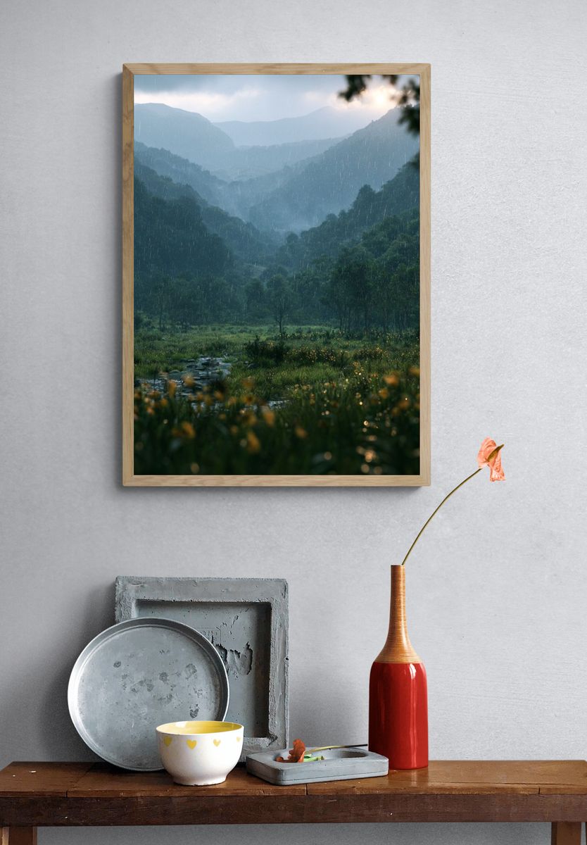 Rainy Mountain Valley Landscape Poster. — room view 3