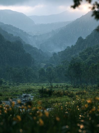Rainy Mountain Valley Landscape Poster. poster