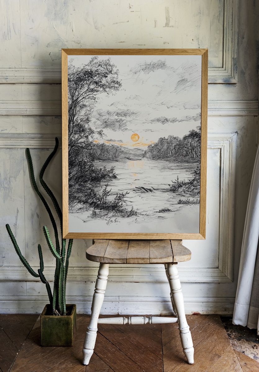 Sunset River Sketch Poster. room preview