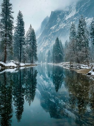 Snowy Mountain River Landscape Poster.