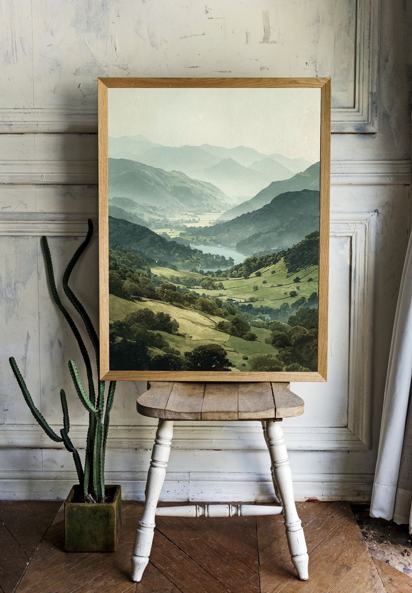 Misty Mountain Valley Illustration Poster. — room view 1