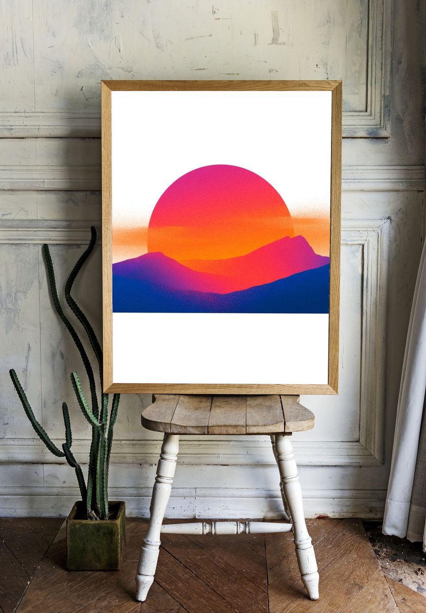 Neon Sunset Mountains Print. — room view 1
