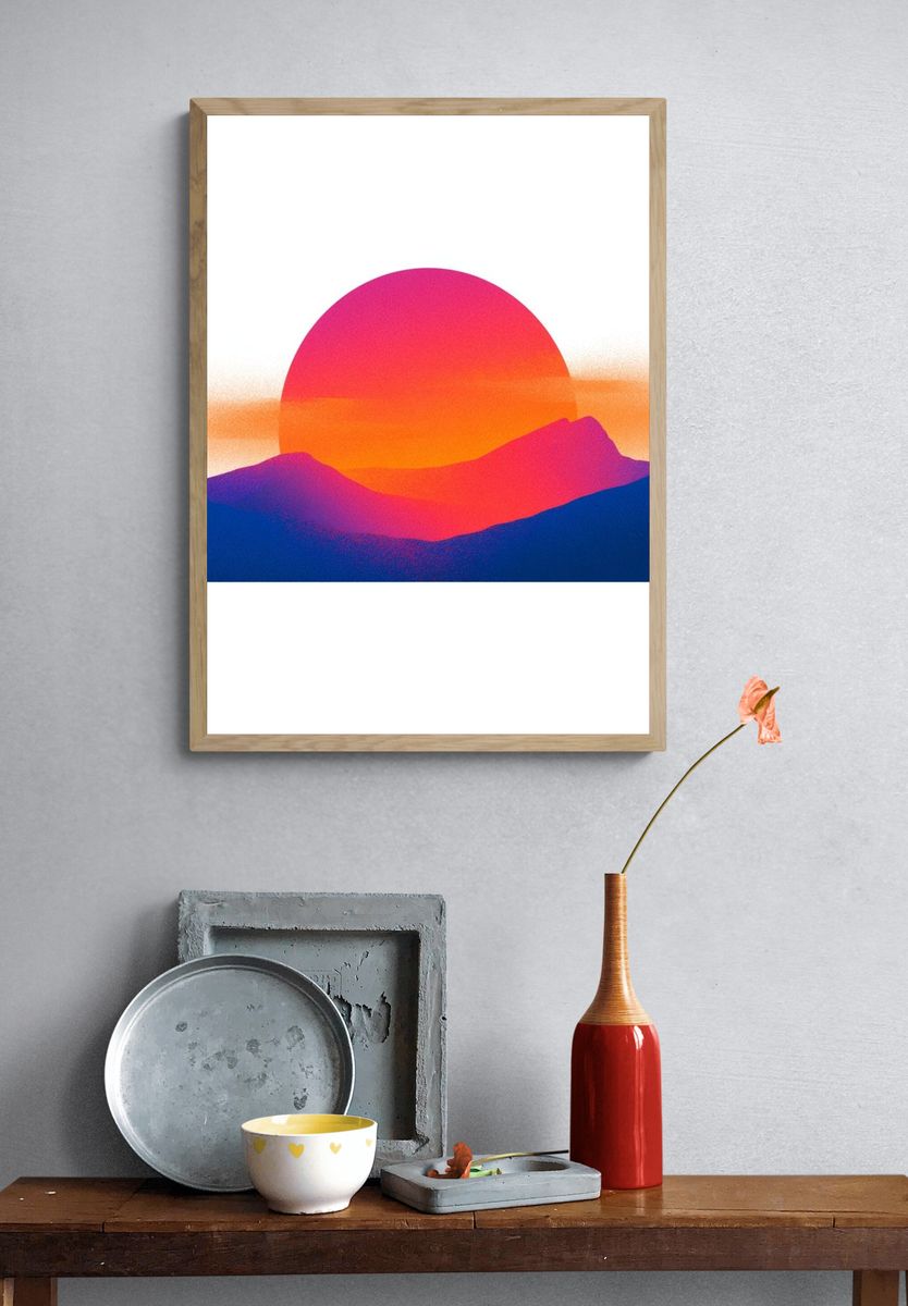 Neon Sunset Mountains Print. — room view 3