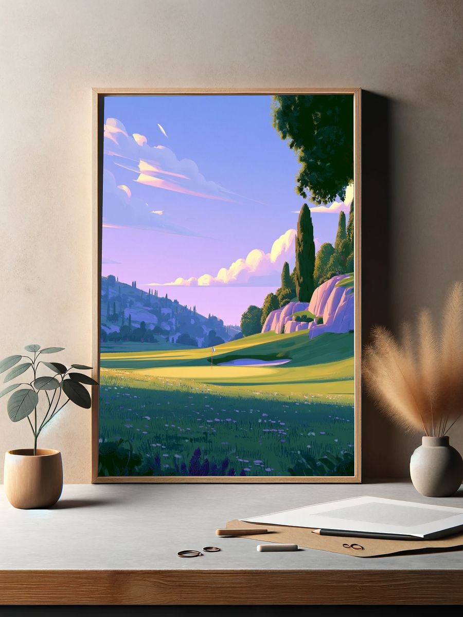 Sunlit Golf Course Landscape Print. — room view 2