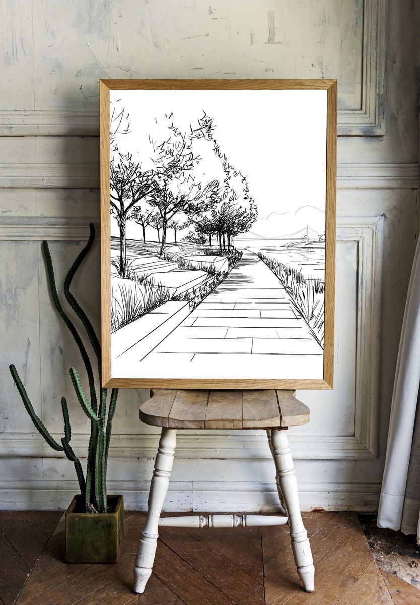 Riverside Path Sketch Poster. room preview