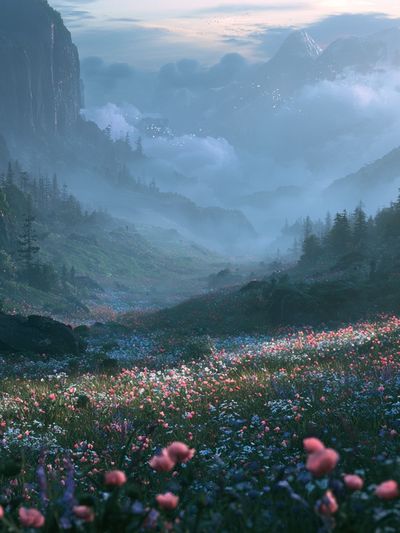Misty Flower Valley Nature Poster. poster