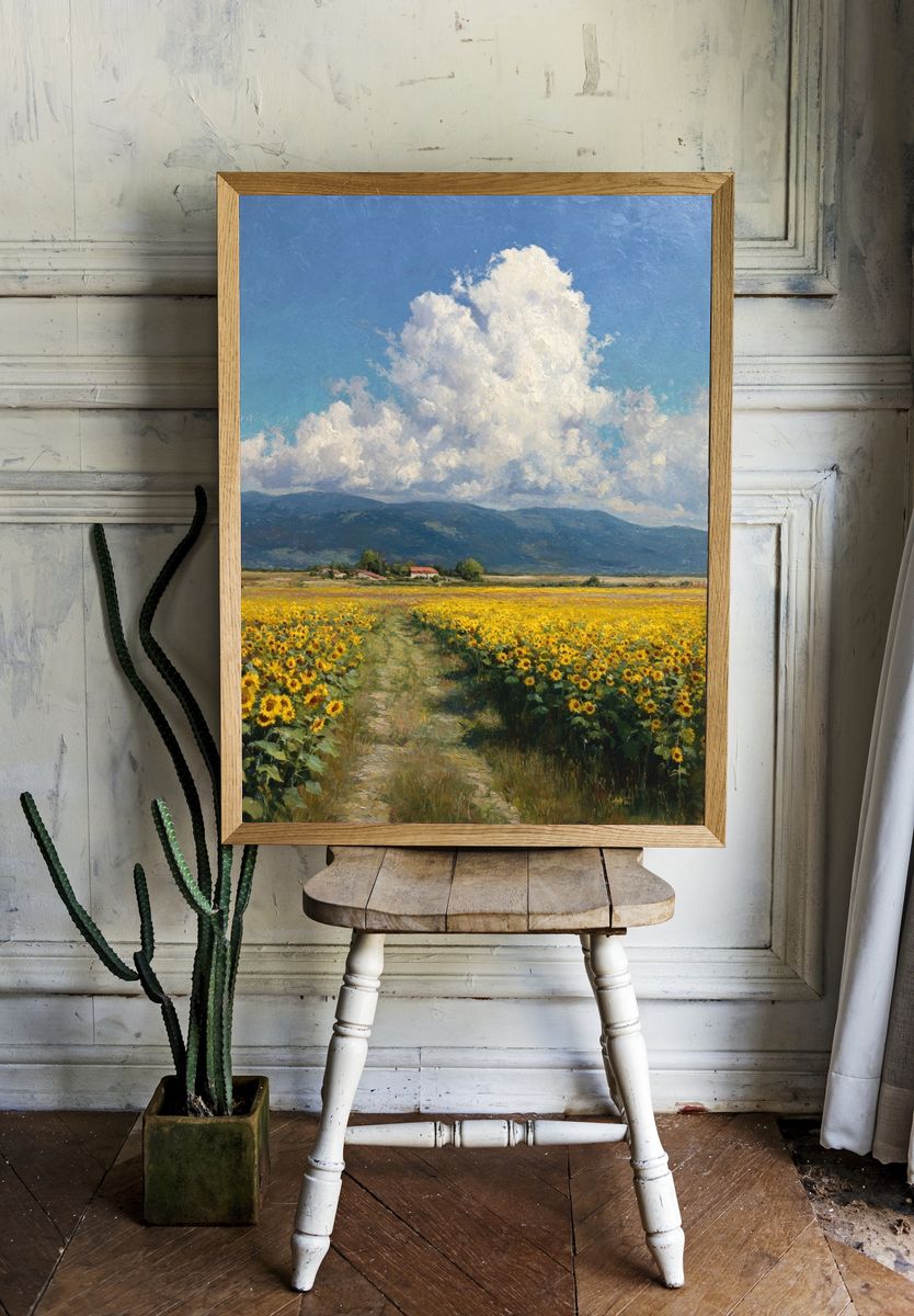 Sunflower Field Landscape Print. room preview