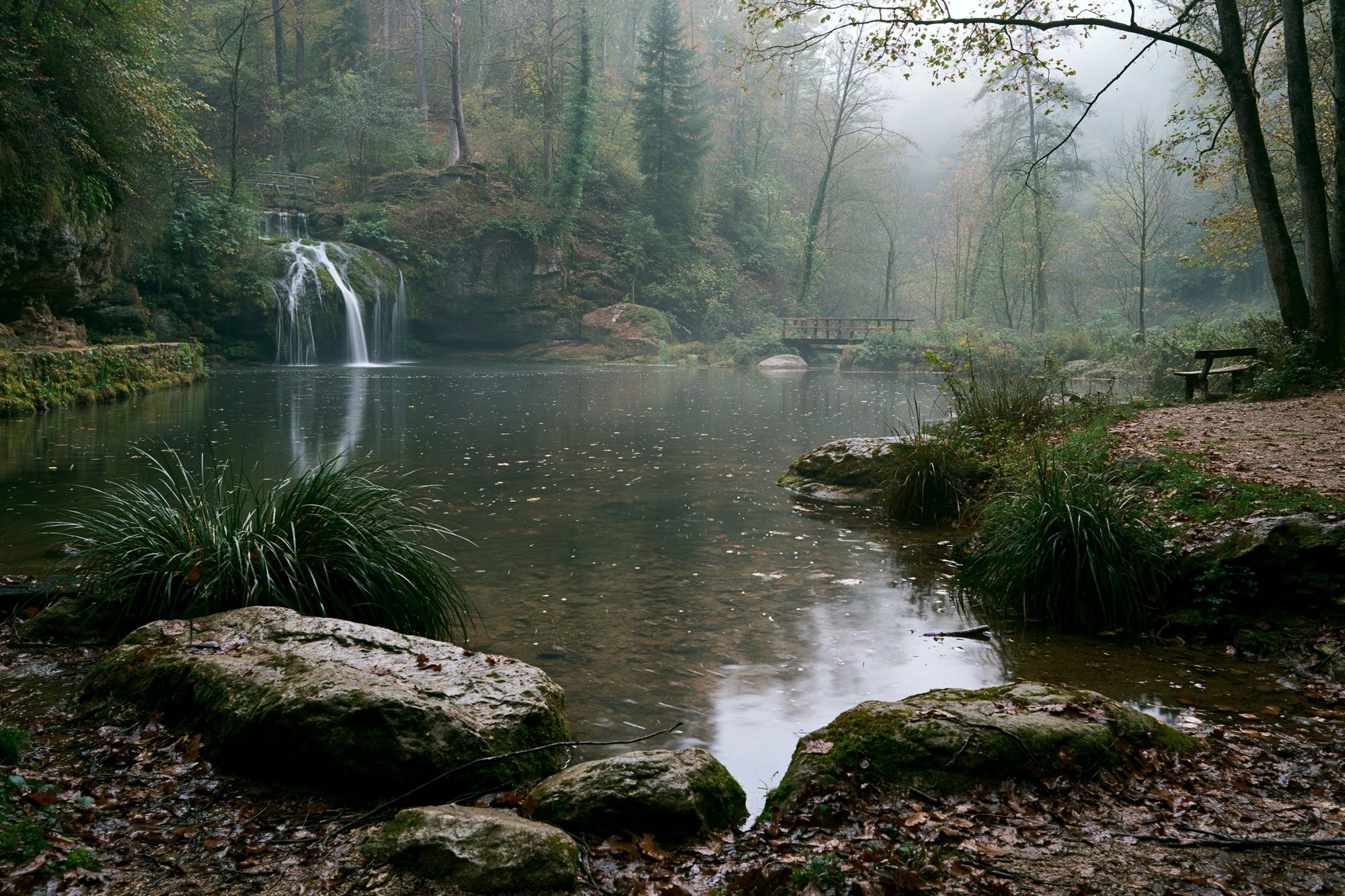 Misty Forest Waterfall Poster. poster detail