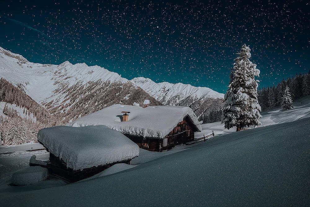 Snowy Mountain Cabin Night Poster. poster — nature art