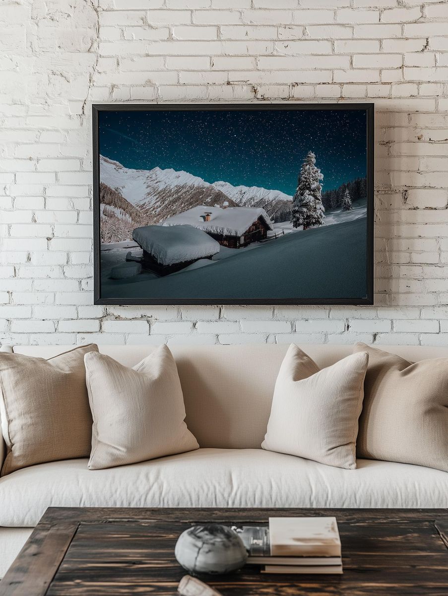 Snowy Mountain Cabin Night Poster. — room view 1