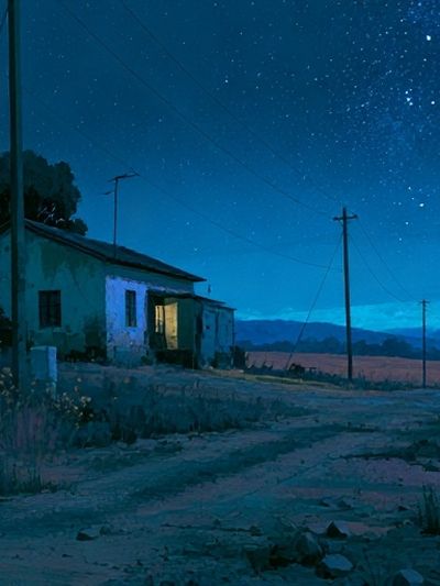 Starry Rural Night Landscape Print. poster