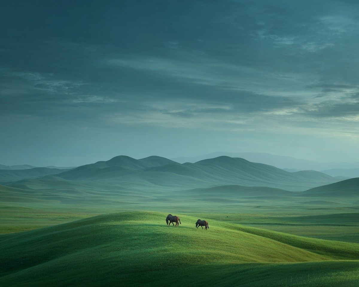 Misty Green Hills and Horses Poster. poster detail