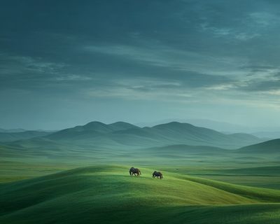 Misty Green Hills and Horses Poster. poster print