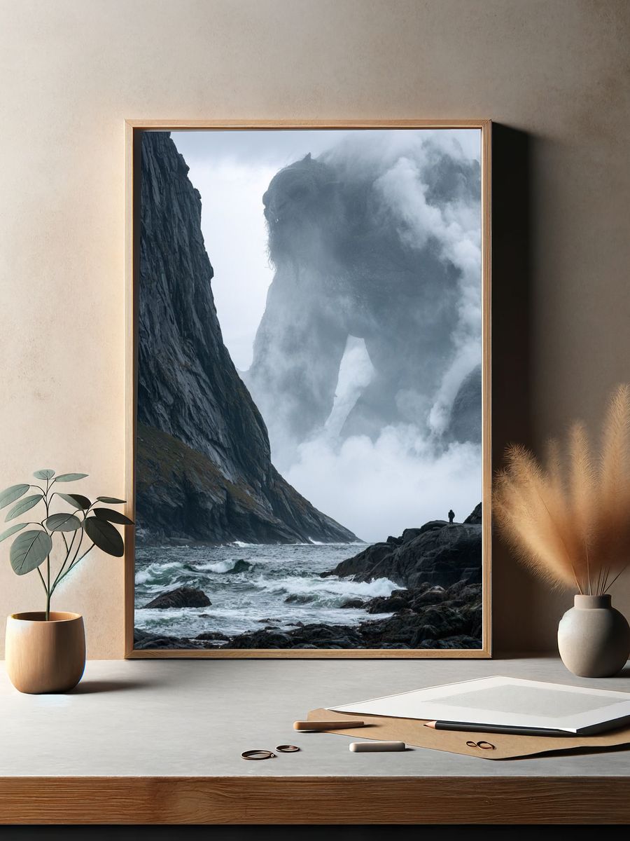 Misty Coastal Cliffs Photography Poster. — room view 2