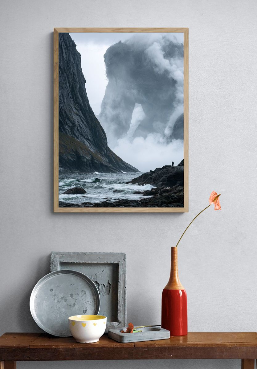 Misty Coastal Cliffs Photography Poster. — room view 3