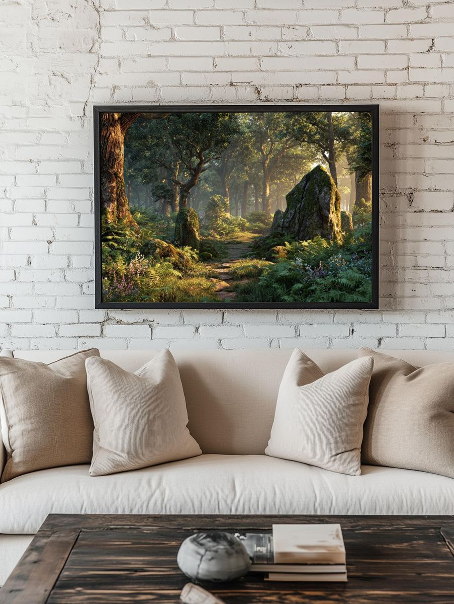 Sunlit Forest Path Poster. — room view 1