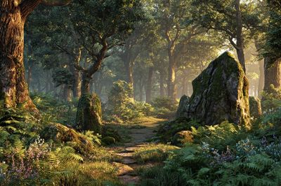 Sunlit Forest Path Poster.