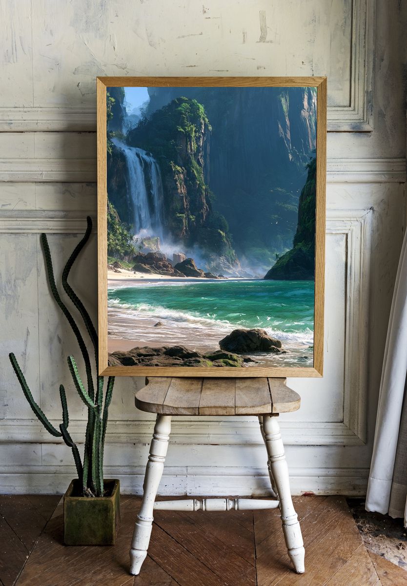 Tropical Waterfall Cove Print. — room view 1