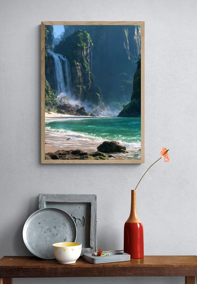 Tropical Waterfall Cove Print. — room view 3
