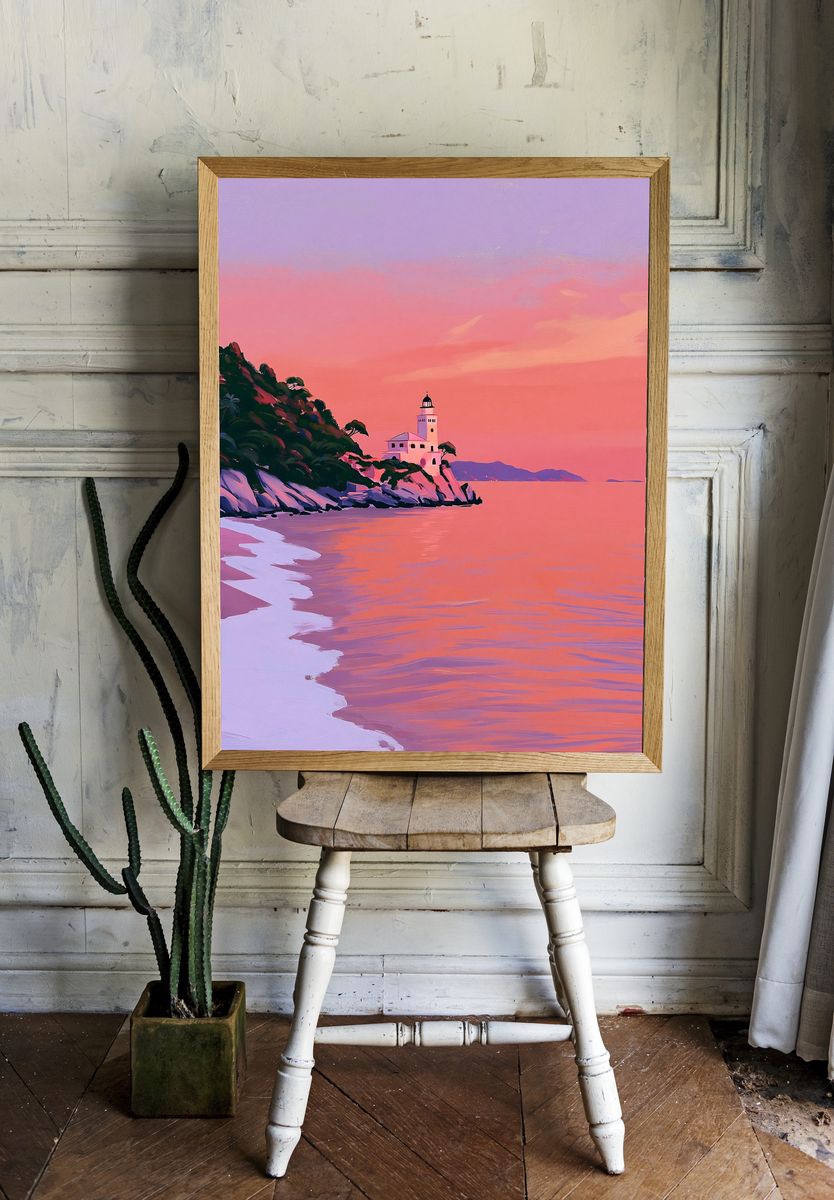 Sunset Lighthouse Coastal Print. — room view 1