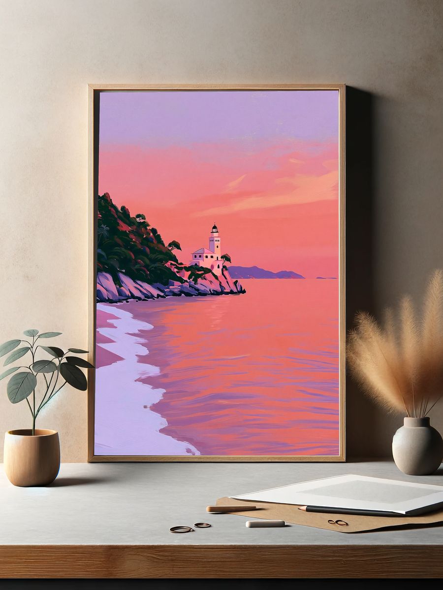 Sunset Lighthouse Coastal Print. — room view 2