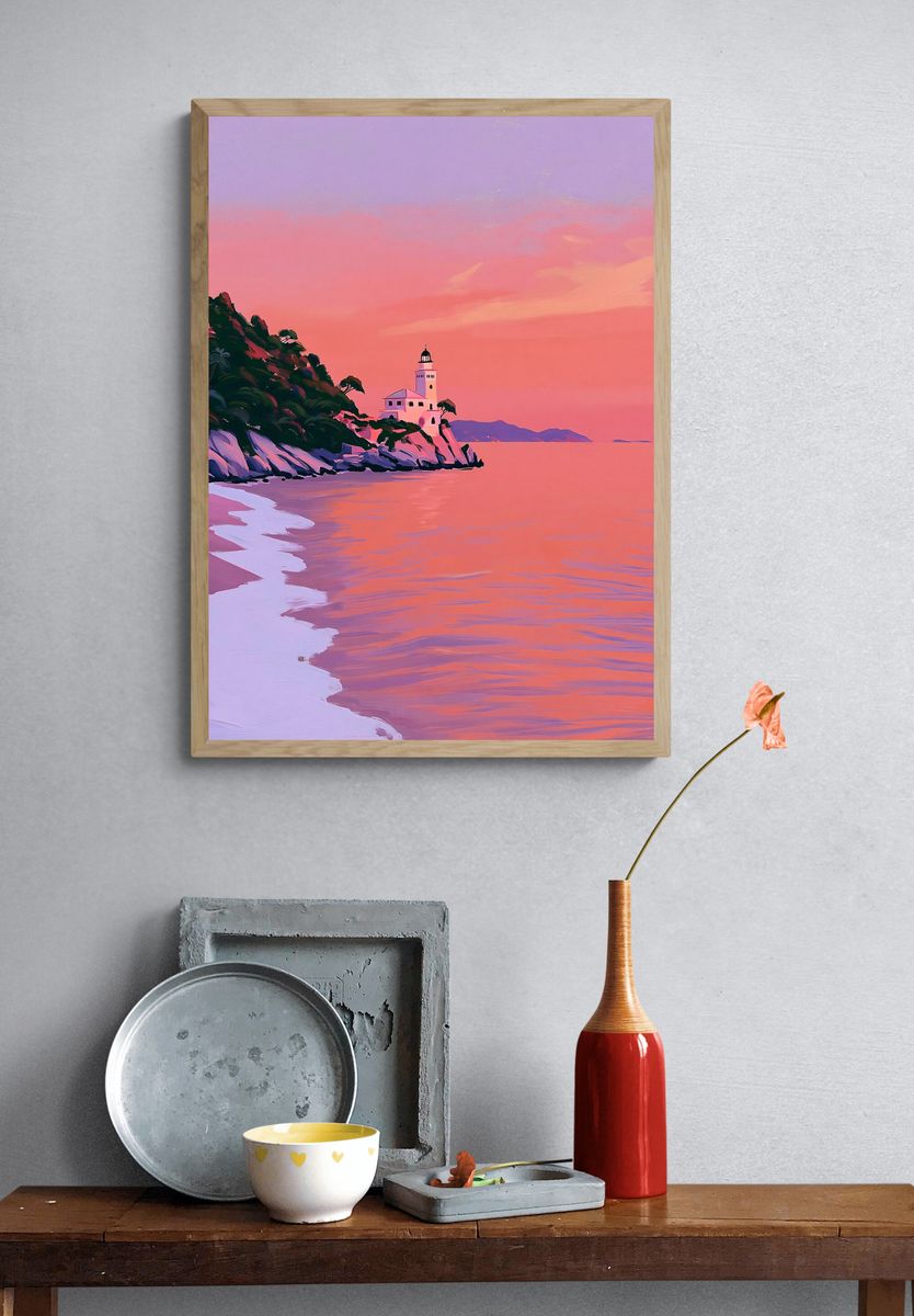 Sunset Lighthouse Coastal Print. — room view 3