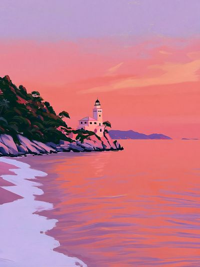 Sunset Lighthouse Coastal Print. poster