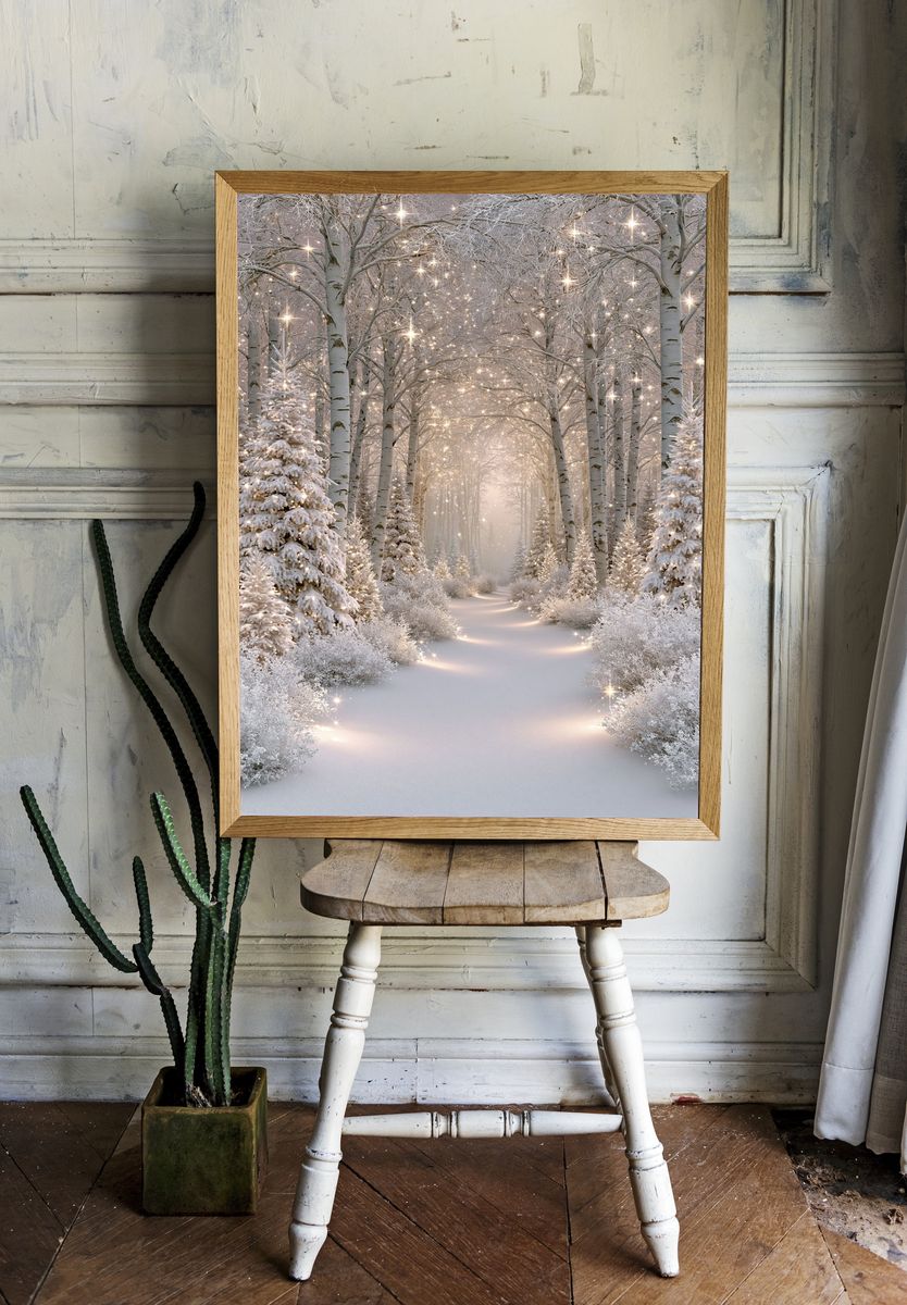 Snowy Birch Forest Glow Poster. room preview
