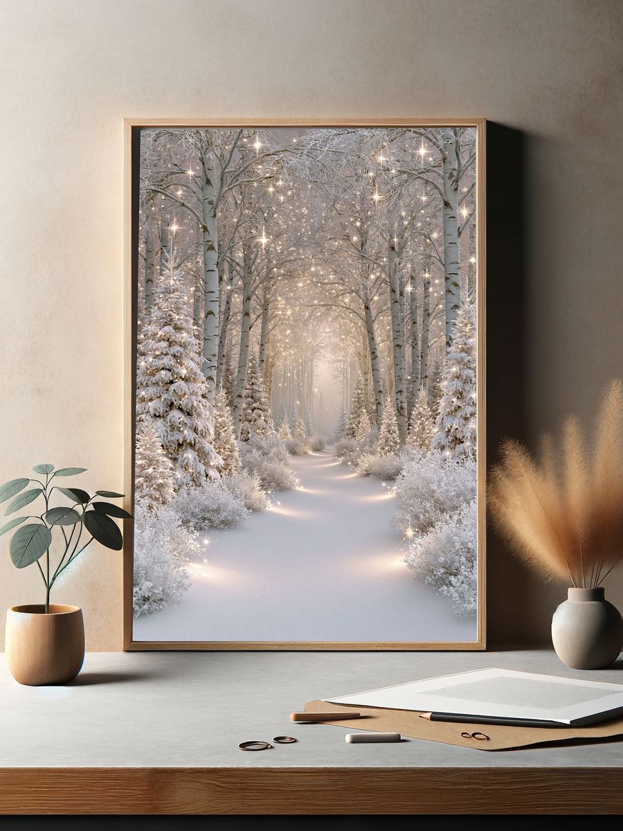Snowy Birch Forest Glow Poster. — room view 2