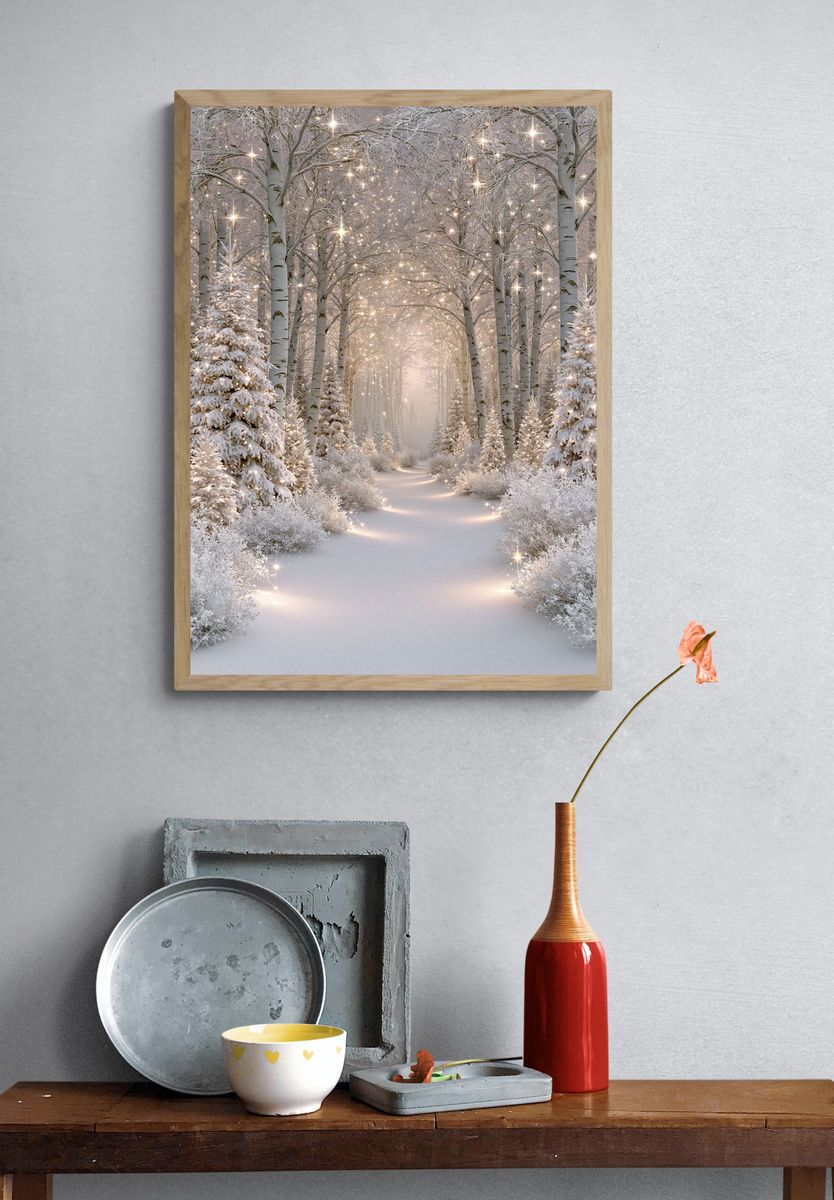 Snowy Birch Forest Glow Poster. — room view 3