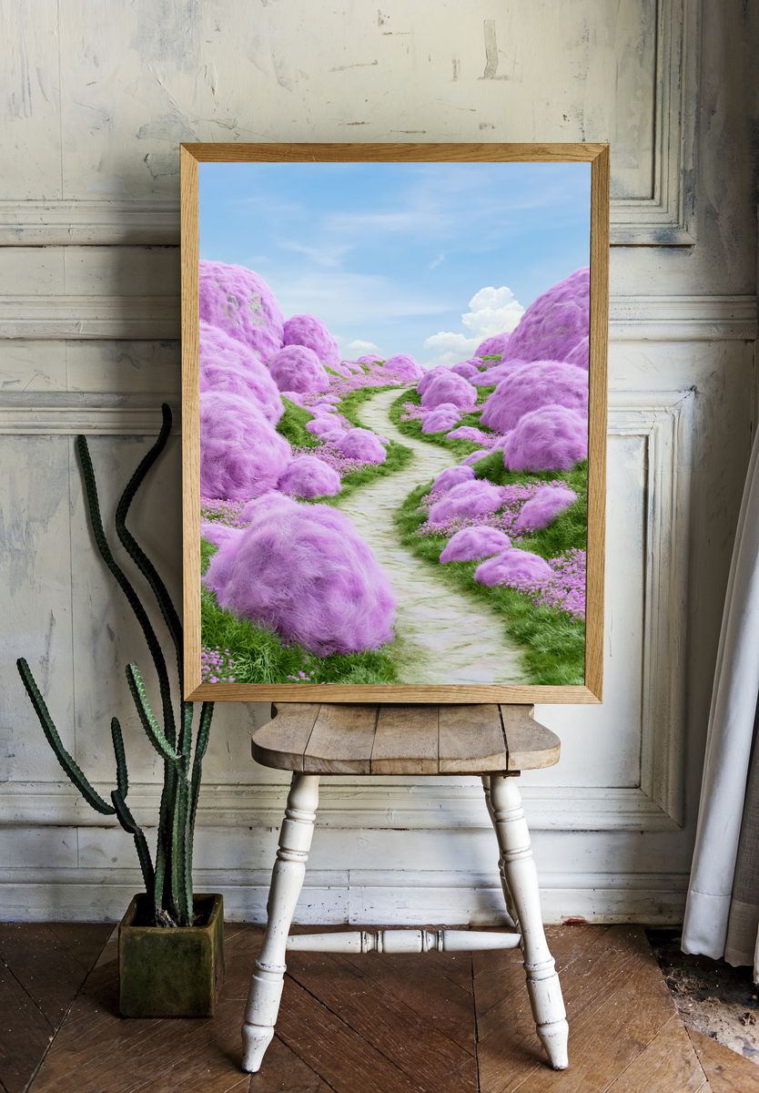 Dreamy Lavender Path Illustration Print. room preview