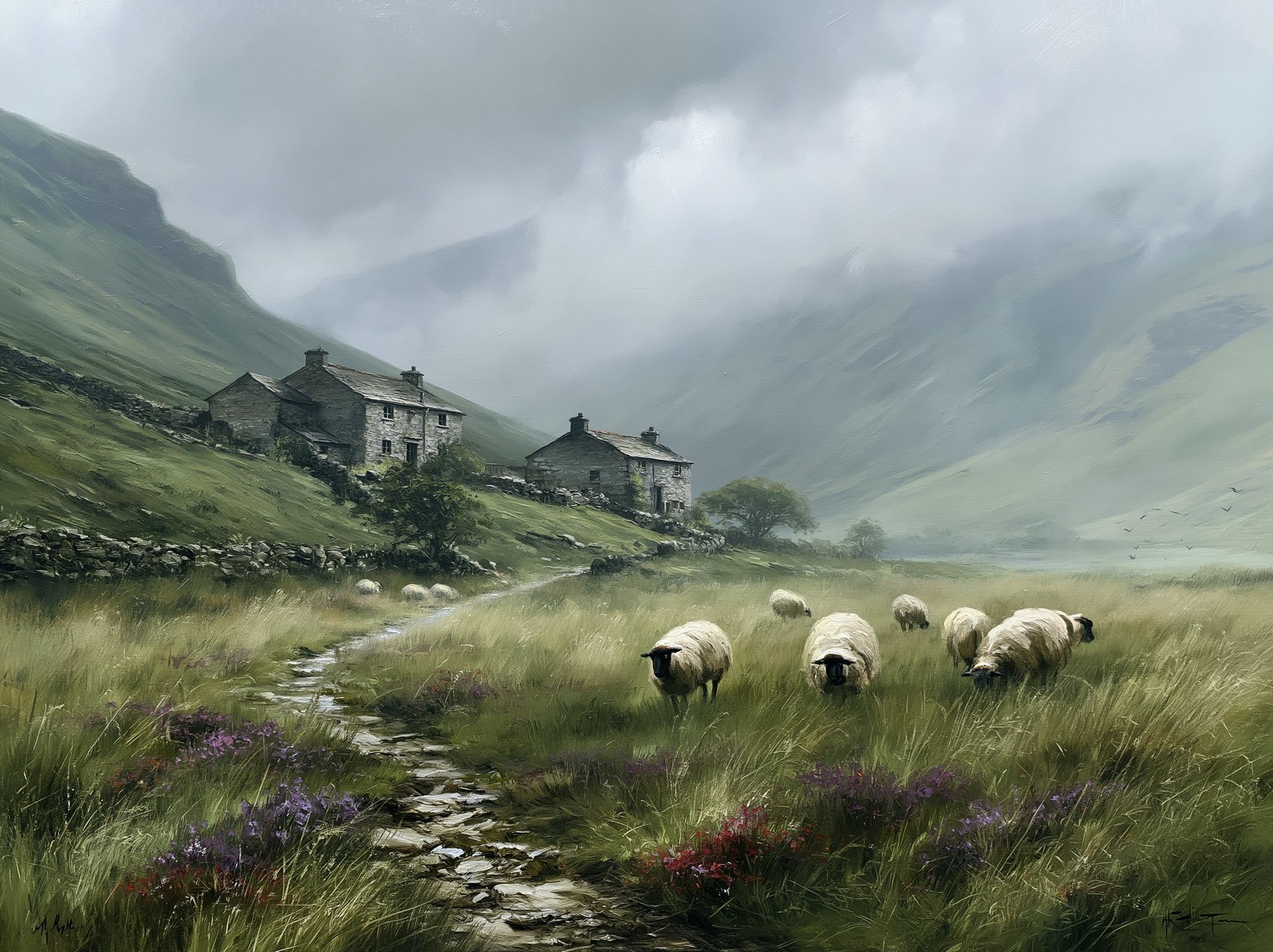 Sheep in Misty Valley Landscape Print. poster — nature art
