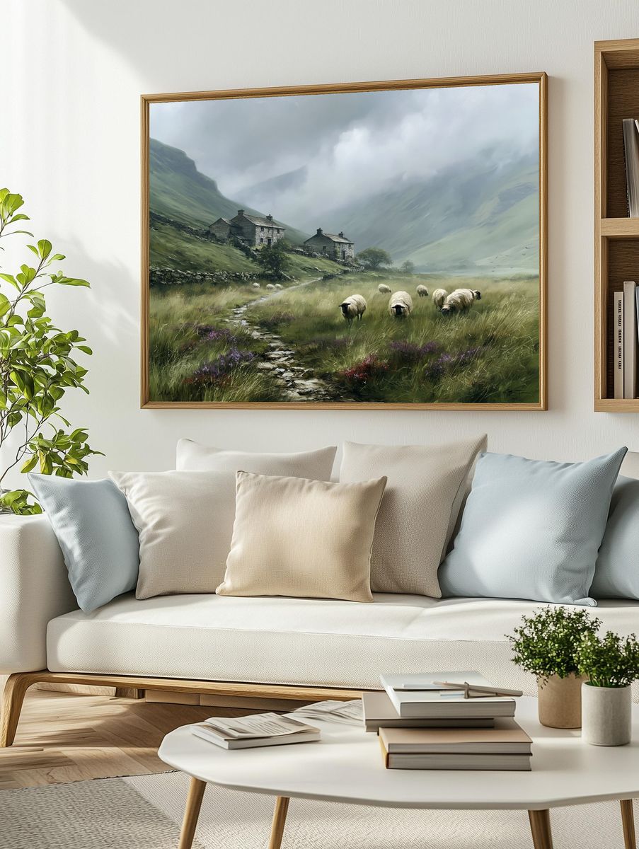Sheep in Misty Valley Landscape Print. — room view 2