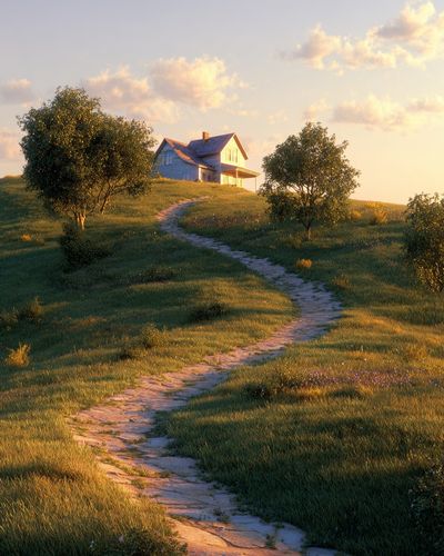 Sunlit Country House Landscape Print.