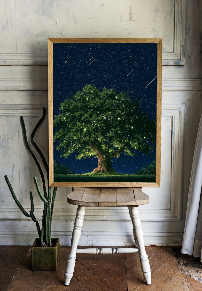 Starlit Tree Nightscape Print. — room view 1