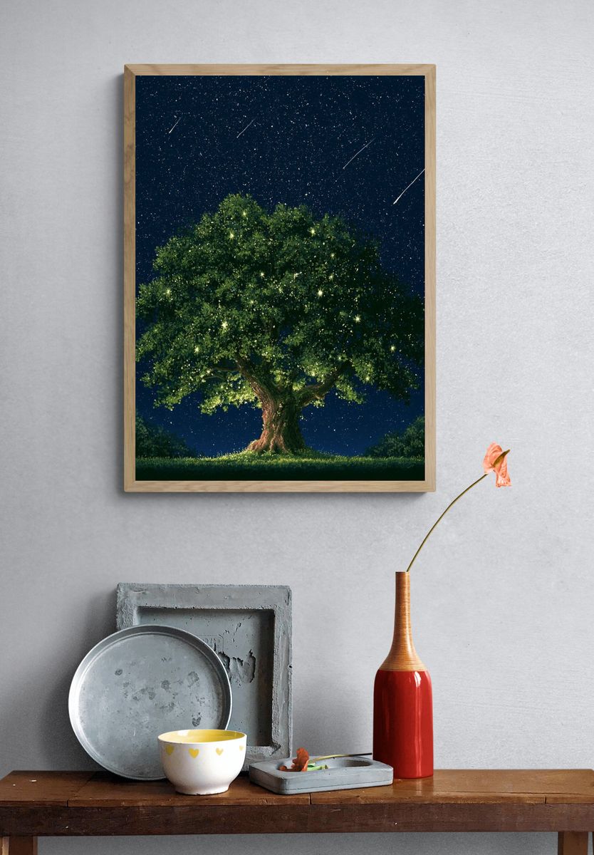 Starlit Tree Nightscape Print. — room view 3